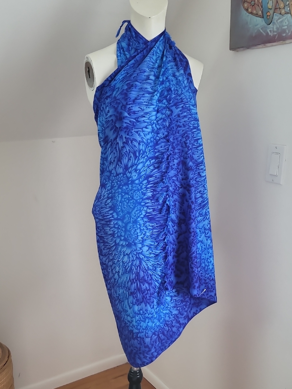 Rima Women's Sarong Beach Vibrant Blue Batik Design Tasseled Edging Wrap